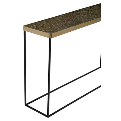 Orsina Akola Gold Console Table – Black Metal Interconnected Legs