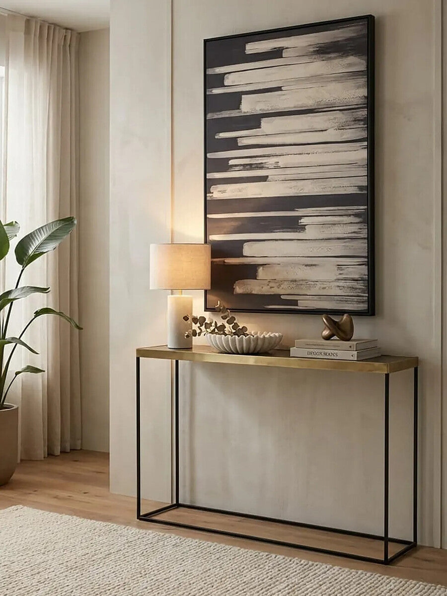 Orsina Akola Gold Console Table – Black Metal Interconnected Legs