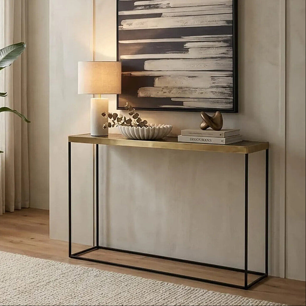 Orsina Akola Gold Console Table – Black Metal Interconnected Legs
