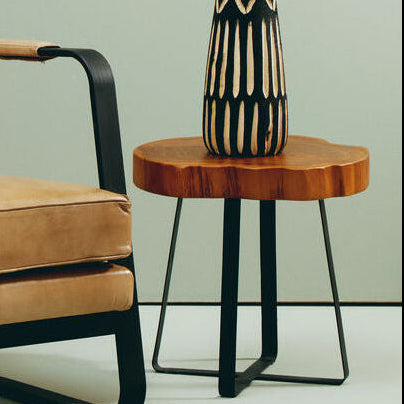 Orsina Manado Teak Wood Side Table – Asymmetric Top & Black Base