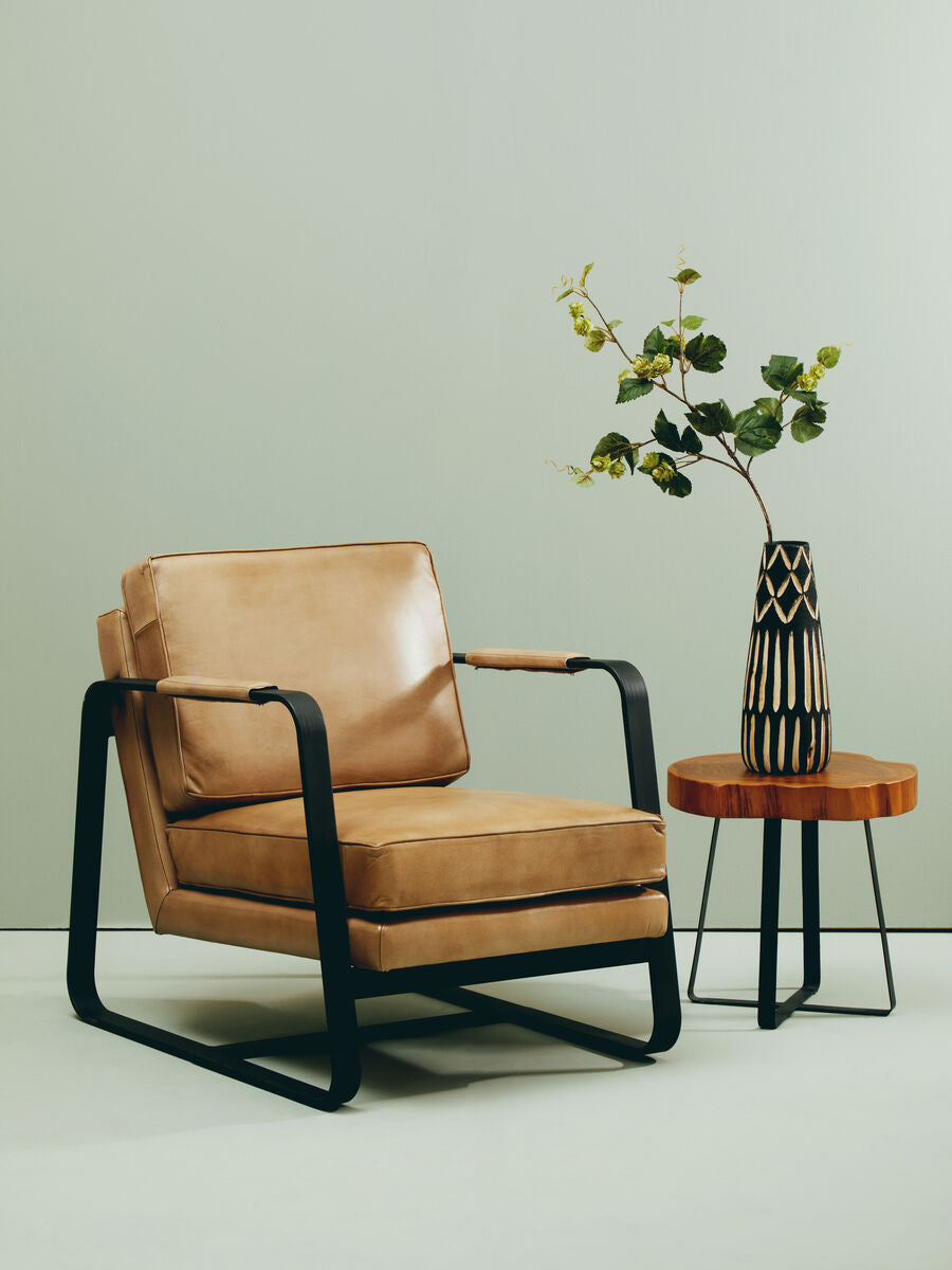 Orsina Manado Teak Wood Side Table – Asymmetric Top & Black Base
