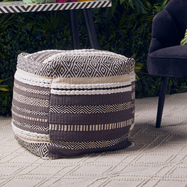 Orsina Cefena Grey and White Pouffe – Woven Boho Ottoman Footrest