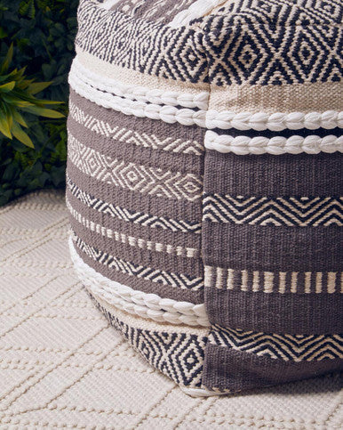 Orsina Cefena Grey and White Pouffe – Woven Boho Ottoman Footrest