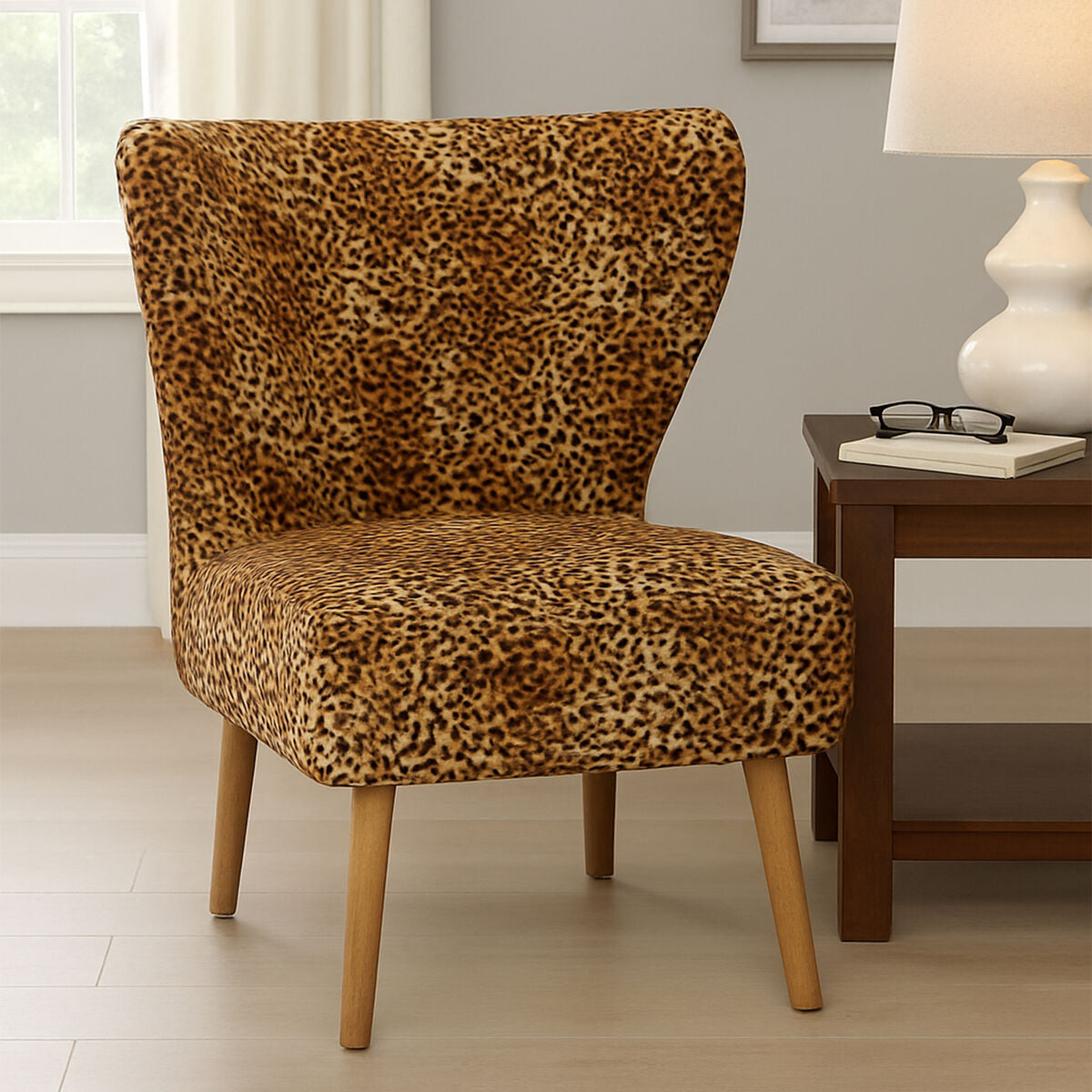 Orsina Cefena Leopard Print Velvet Accent Chair with Mango Wood Legs