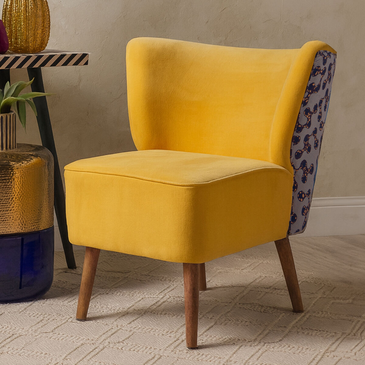 Orsina Cefena Yellow Print Accent Chair | Patterned Wood Base Seat