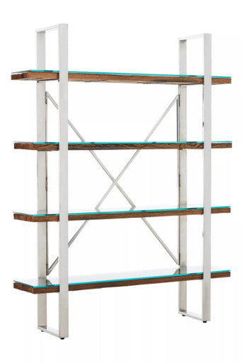 Orsina Kerala 4-Tier Wood and Glass Shelf Unit – Silver Steel Frame