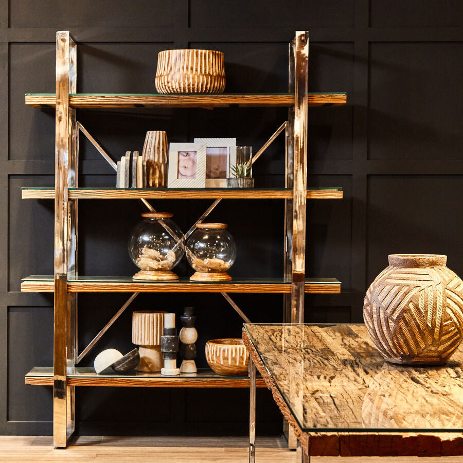 Orsina Kerala 4-Tier Wood and Glass Shelf Unit – Silver Steel Frame