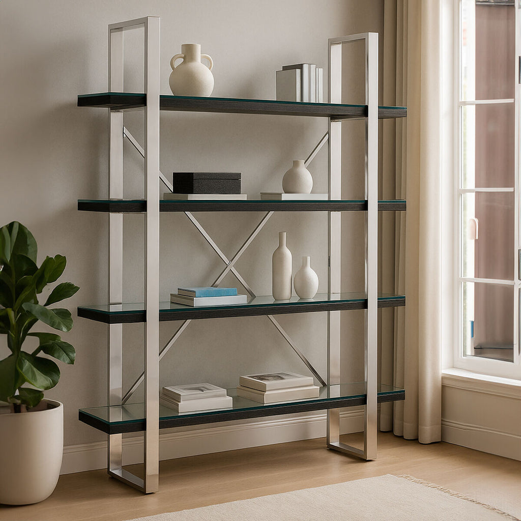 Orsina Kerala Black Wood 4-Tier Shelf Unit | Glass & Steel Display