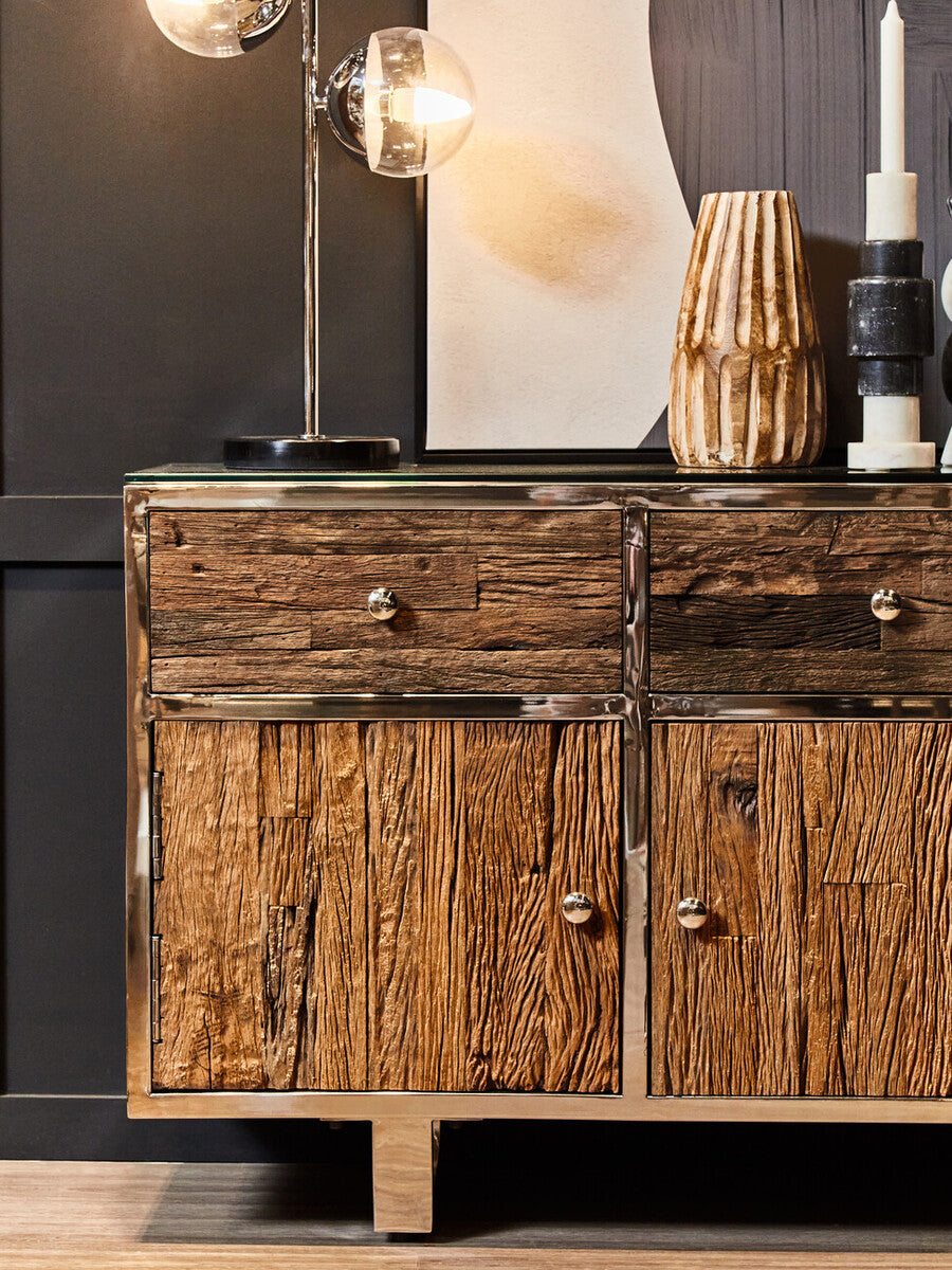 Orsina Kerala Wood Sideboard – 3-Drawer Modern Buffet with Glass Top