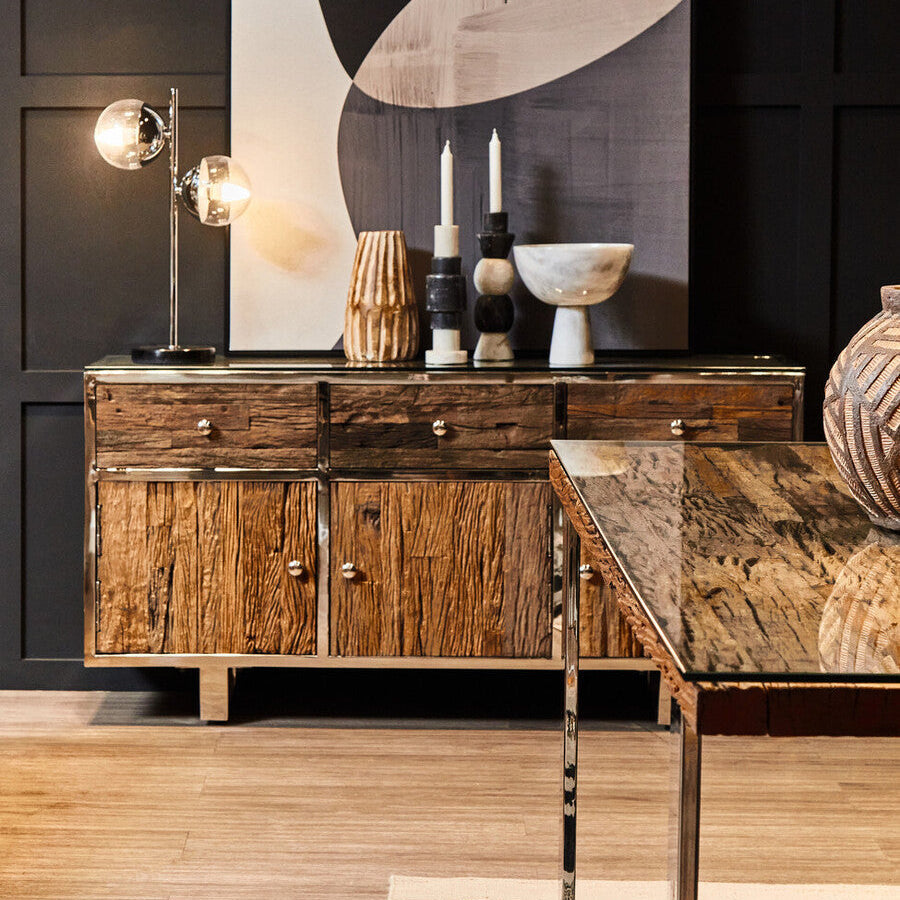 Orsina Kerala Wood Sideboard – 3-Drawer Modern Buffet with Glass Top
