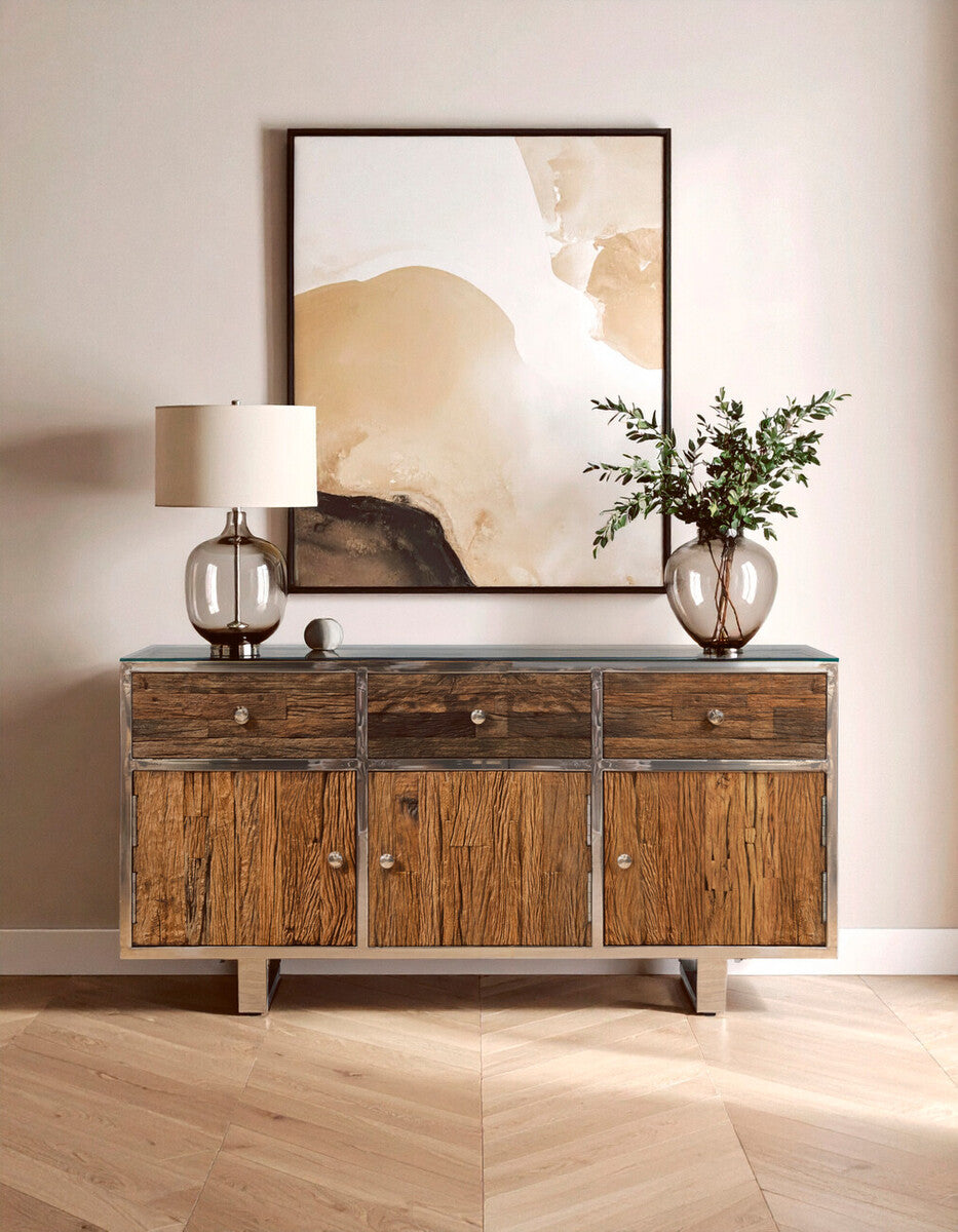 Orsina Kerala Wood Sideboard – 3-Drawer Modern Buffet with Glass Top