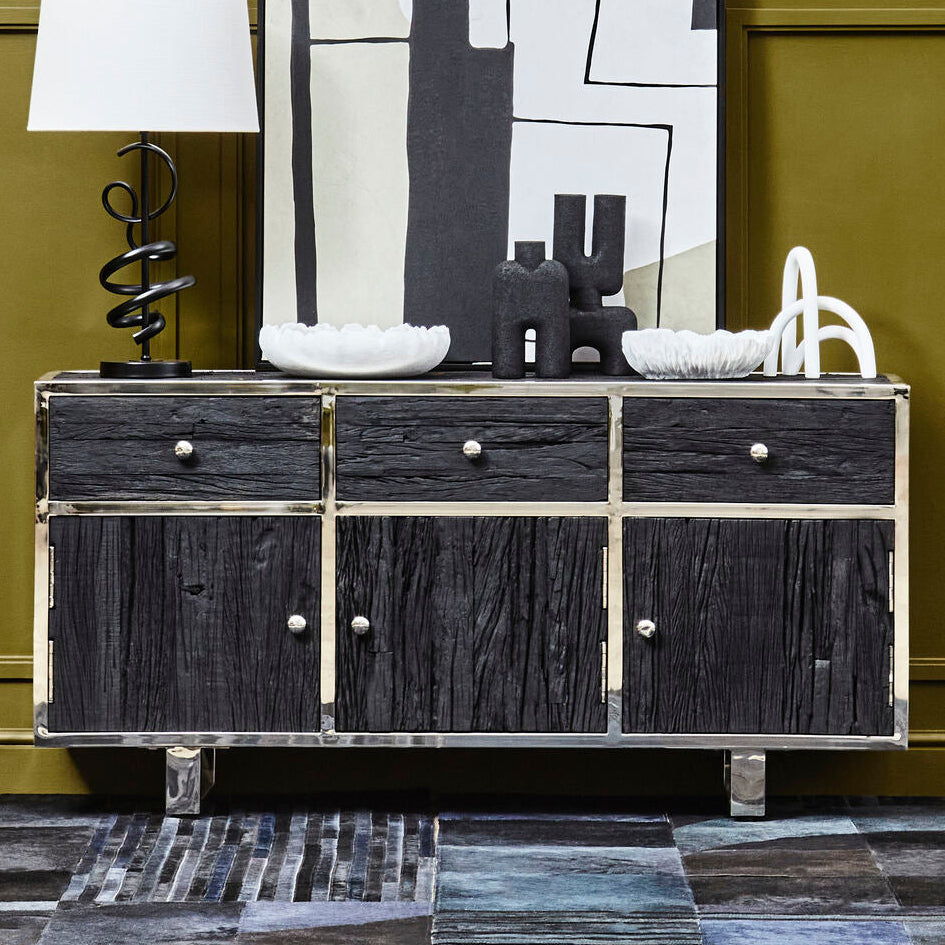 Orsina Kerala Black Sideboard – Modern Pine & Glass Storage Cabinet