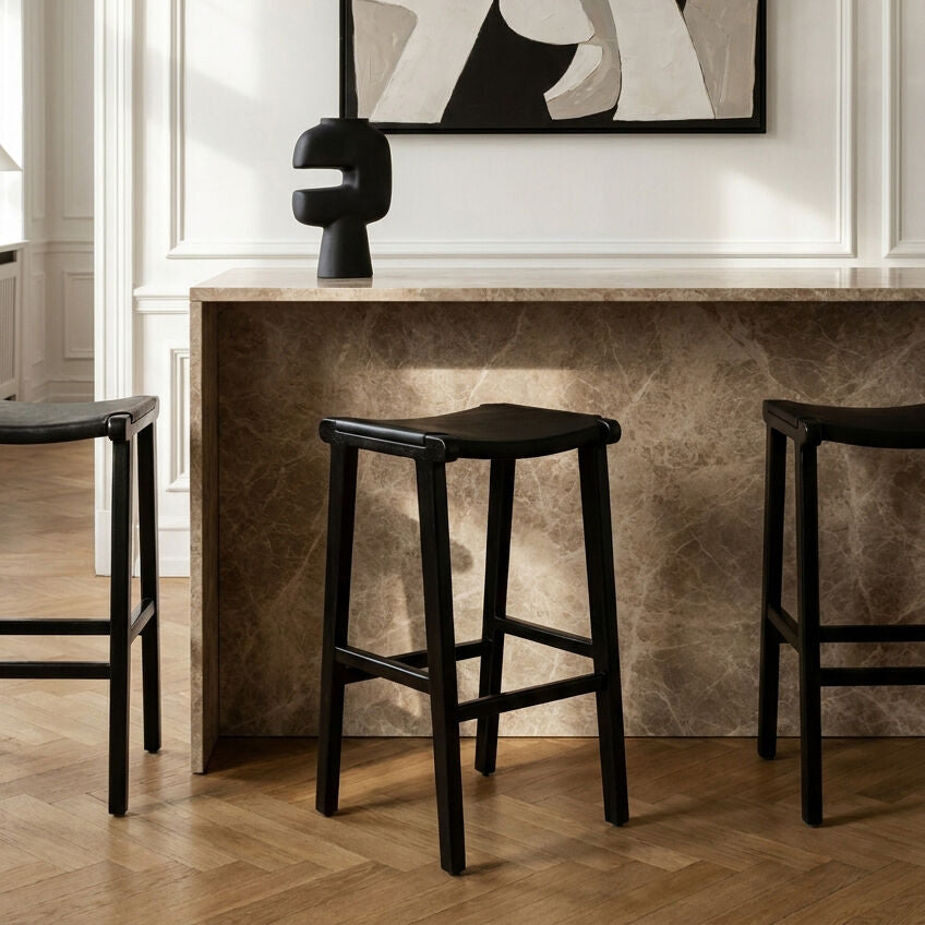 Orsina Kendari Black Leather and Teak Barstool – Modern Kitchen Seating