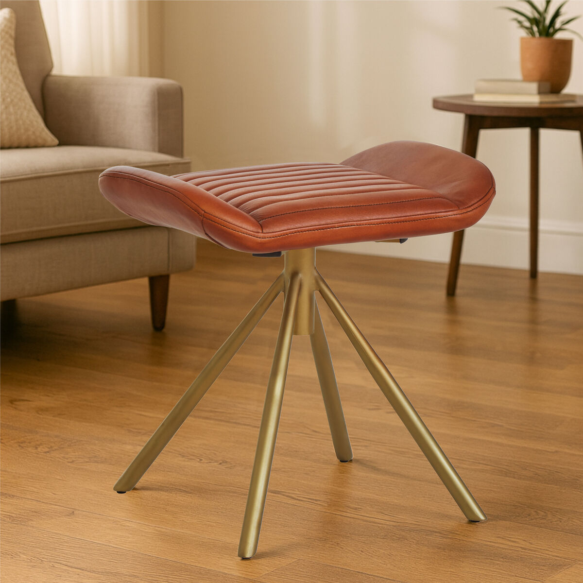 Orsina Buffalo Tan Leather Footstool – Gold Iron Base Ottoman