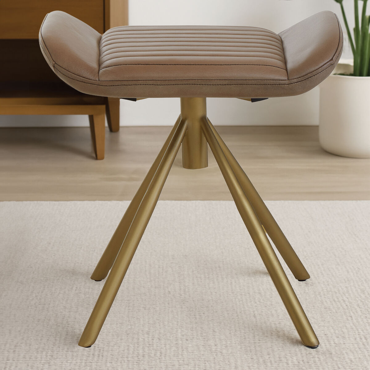 Orsina Buffalo Grey Leather Footstool – Modern Ottoman with Gold Base