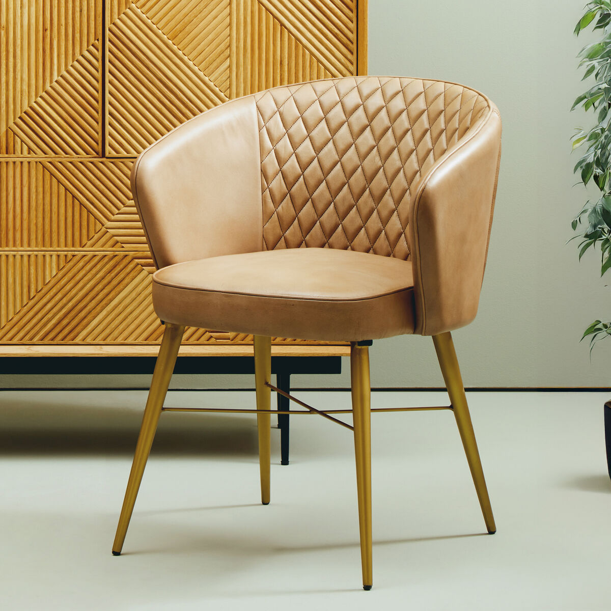 Orsina Buffalo Grey Leather Accent Chair | Tufted Back & Gold Legs