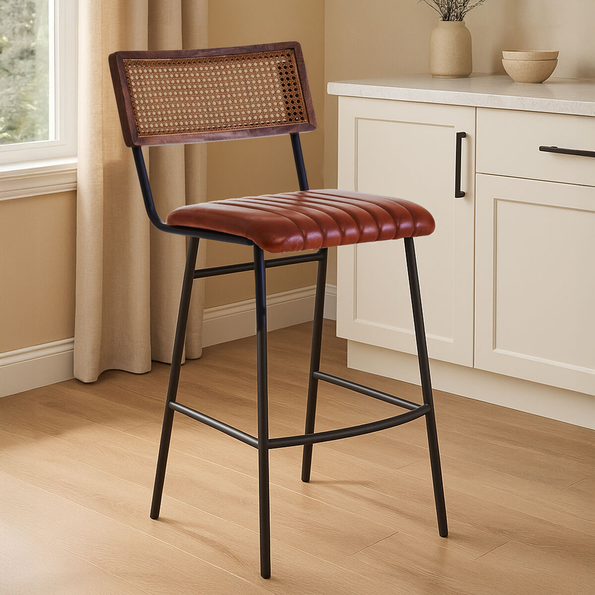Orsina Buffalo Tan Leather Bar Chair | Modern Kitchen Island Stool