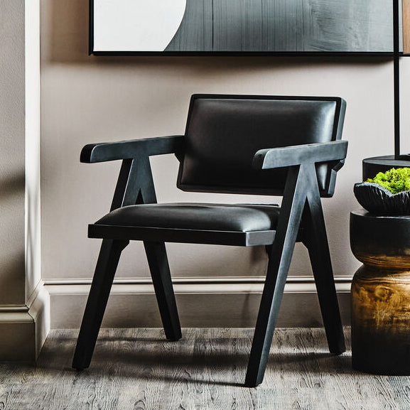 Orsina Buffalo Black Leather Accent Chair with Solid Wood Frame
