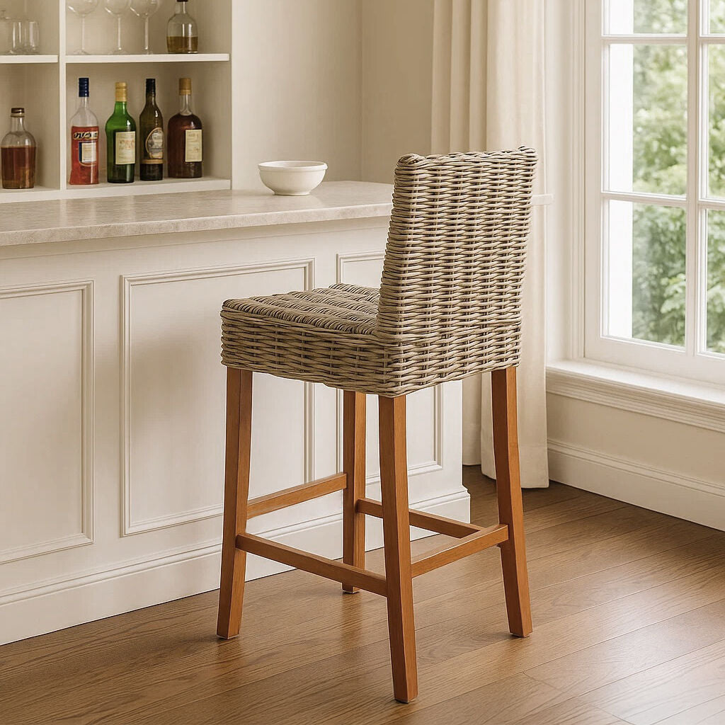 Orsina Java Natural Rattan Bar Chair – Grey Handwoven Coastal Barstool