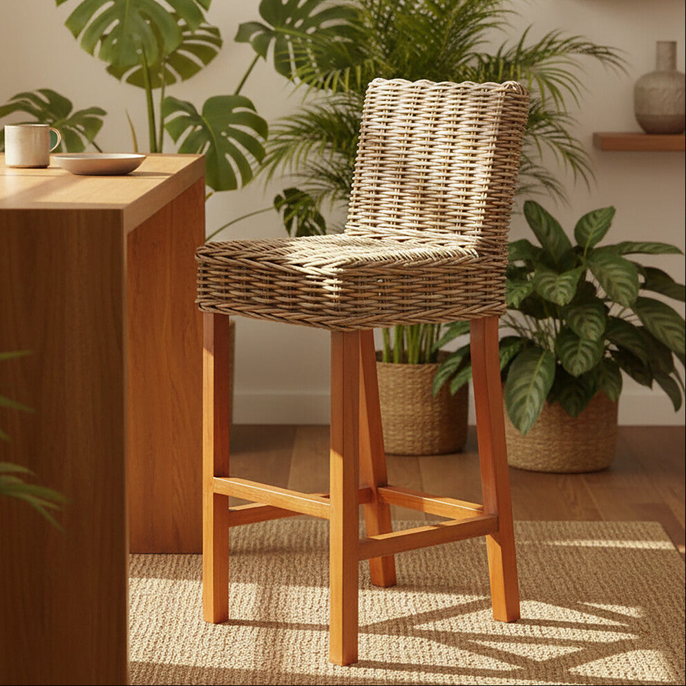 Orsina Java Natural Rattan Bar Chair – Grey Handwoven Coastal Barstool