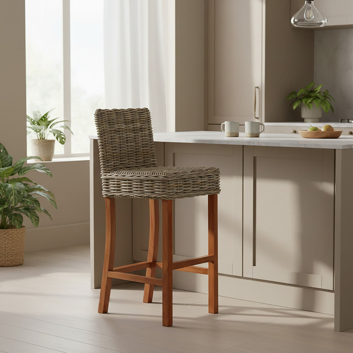 Orsina Java Natural Rattan Bar Chair – Grey Handwoven Coastal Barstool