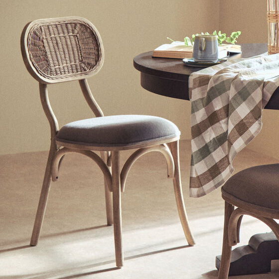 Orsina Grey Wash Elm Wood Dining Chair with Oval Cane Backrest