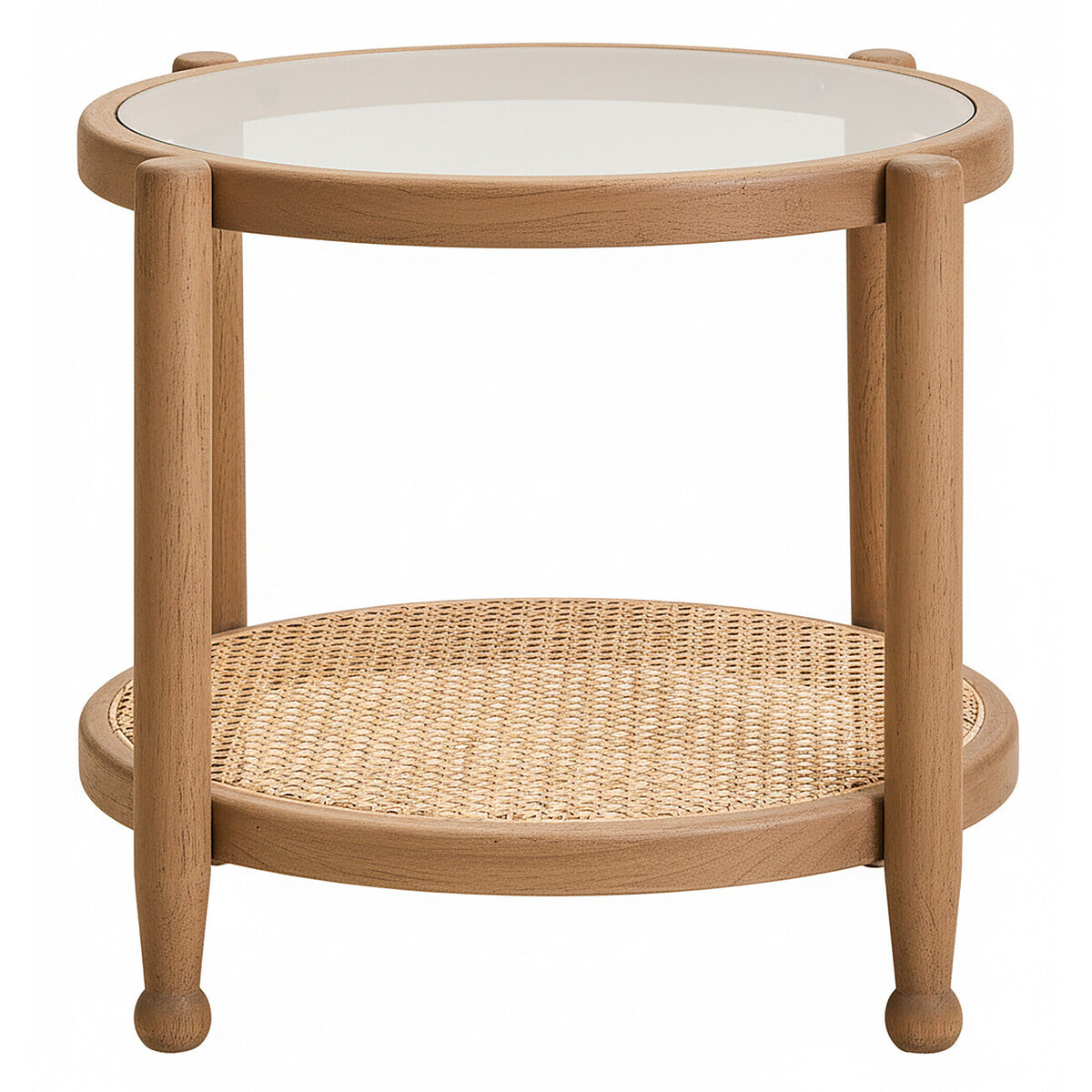 Orsina Cebu Side Table – Grey Wash Elm Wood with Glass and Cane