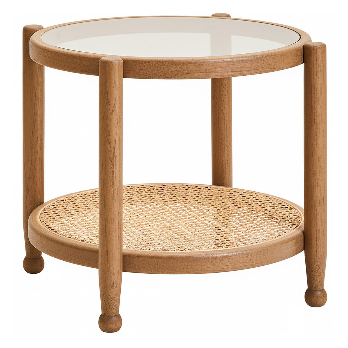 Orsina Cebu Side Table – Grey Wash Elm Wood with Glass and Cane