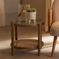 Orsina Cebu Side Table – Grey Wash Elm Wood with Glass and Cane
