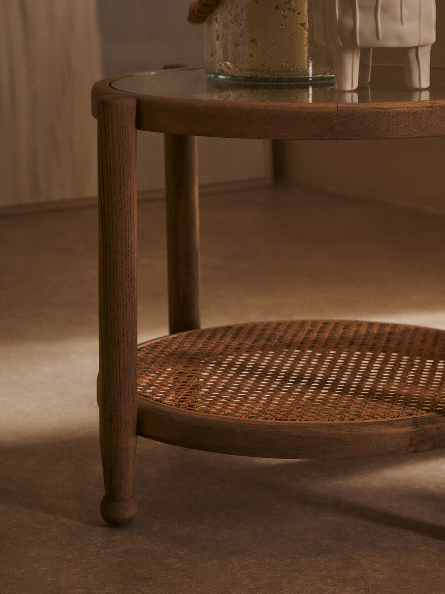 Orsina Cebu Side Table – Grey Wash Elm Wood with Glass and Cane