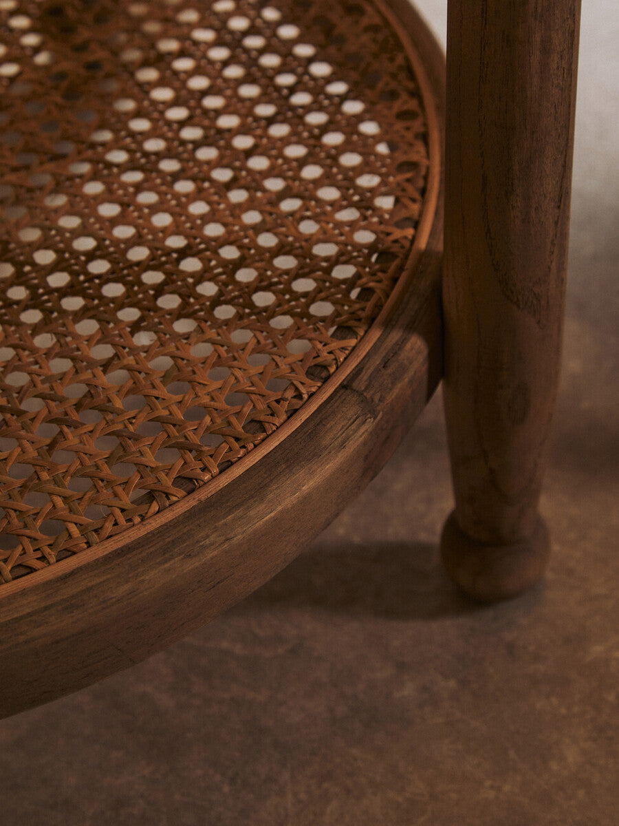Orsina Cebu Side Table – Grey Wash Elm Wood with Glass and Cane