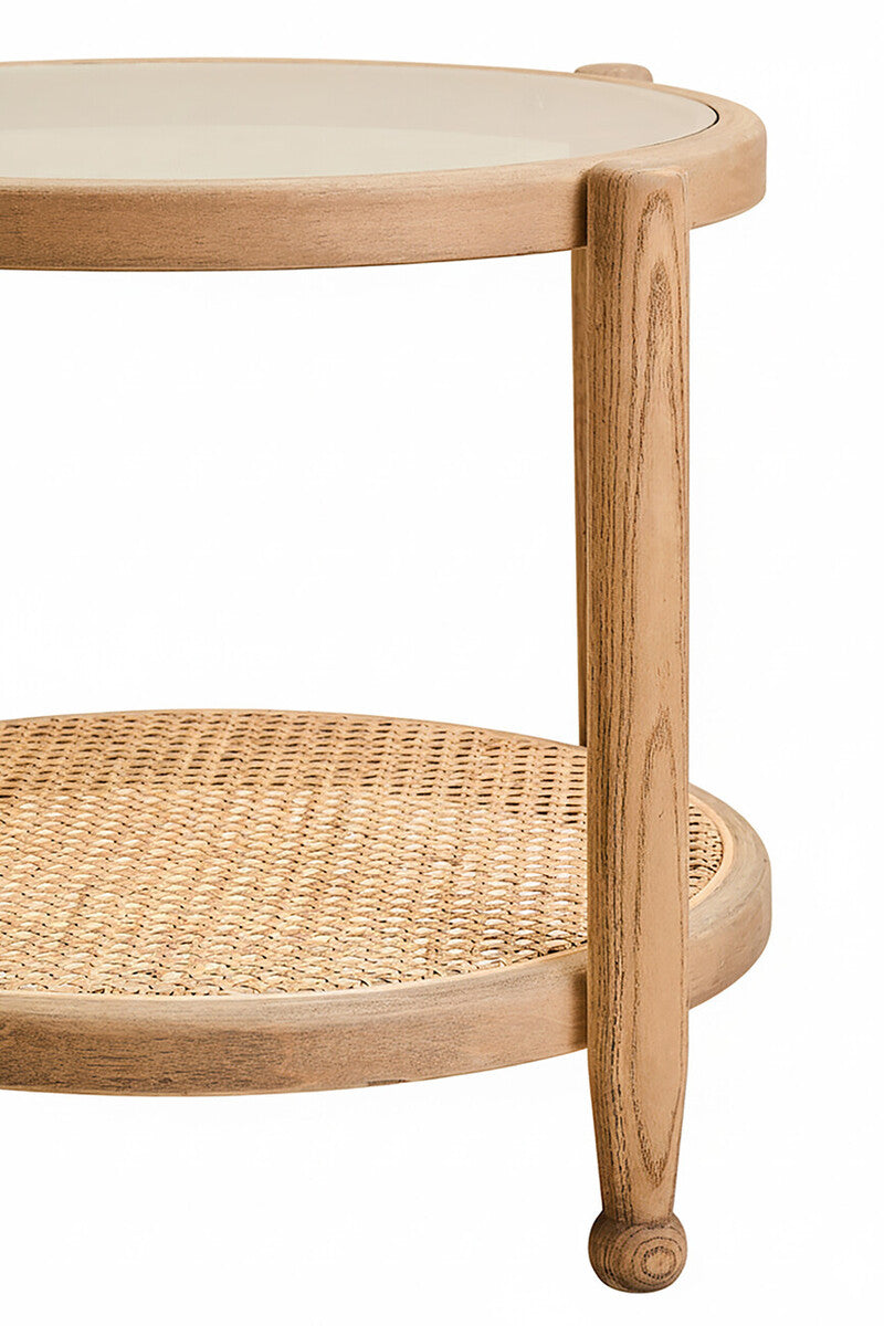 Orsina Cebu Side Table – Grey Wash Elm Wood with Glass and Cane
