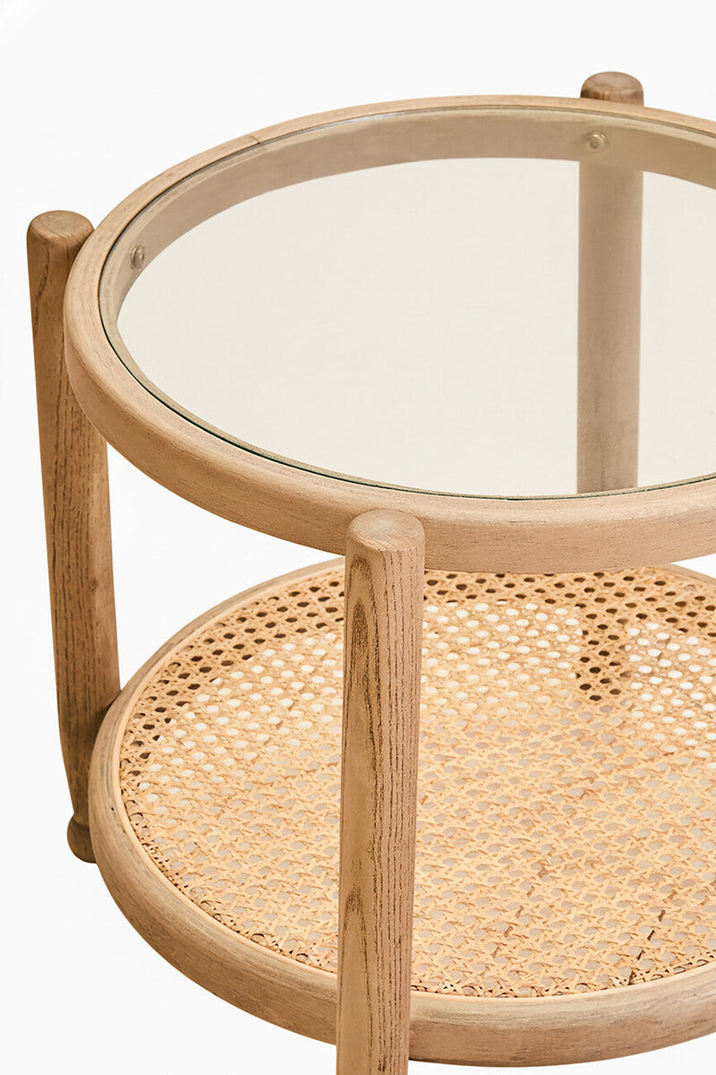 Orsina Cebu Side Table – Grey Wash Elm Wood with Glass and Cane