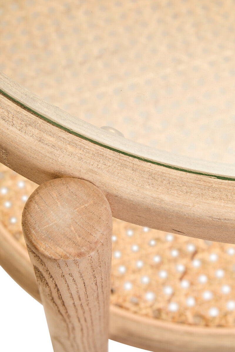 Orsina Cebu Side Table – Grey Wash Elm Wood with Glass and Cane