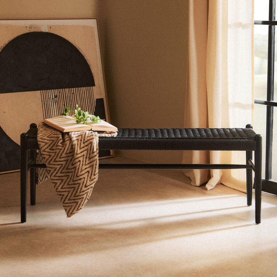 Orsina Cebu Black Rope and Elm Wood Bench – Modern Hallway Seating