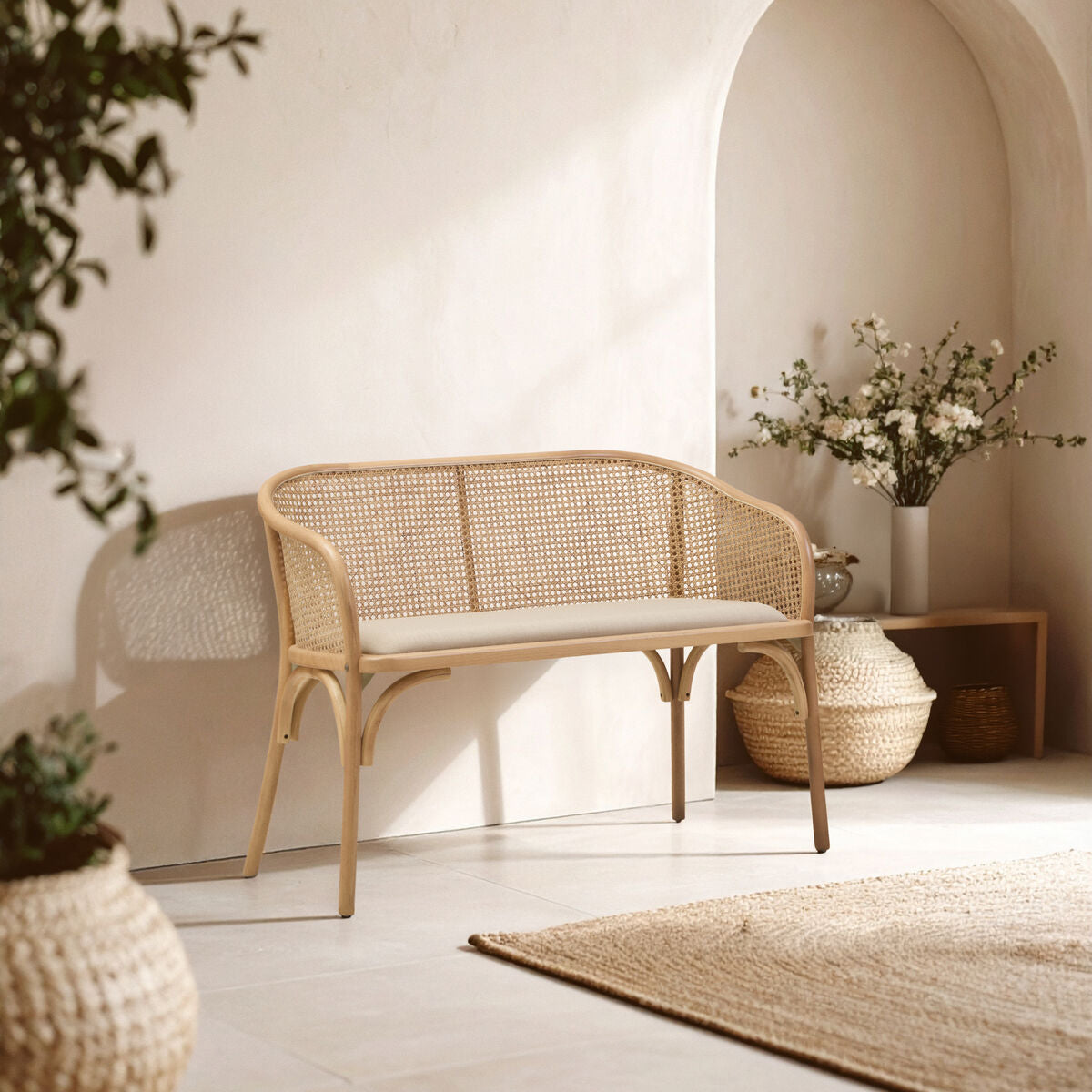 Orsina Cebu Natural Cane and Beech Wood Dining Bench with Backrest