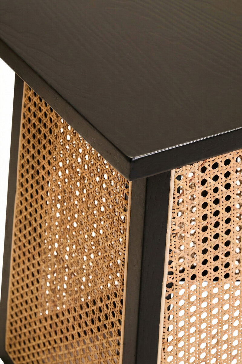 Orsina Cebu Black Elm Wood Side Table with Natural Woven Cane Panels