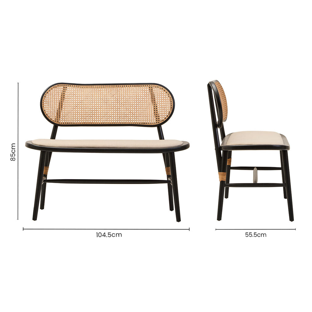 Orsina Natural Cane Bench | Black Elm Wood Entryway Seating