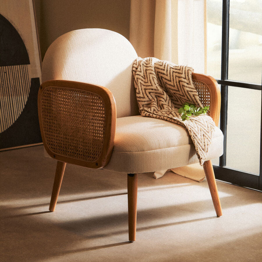 Orsina Cebu Ivory Fabric and Cane Dining Chair with Elm Wood Legs