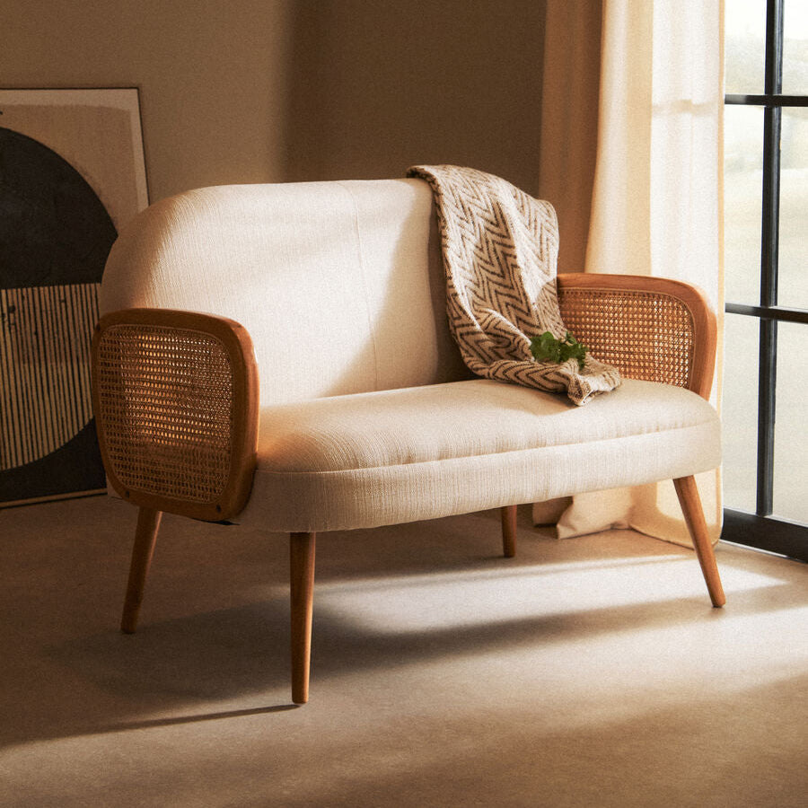 Orsina Cebu 2 Seater Ivory Fabric and Cane Sofa with Elm Wood Legs
