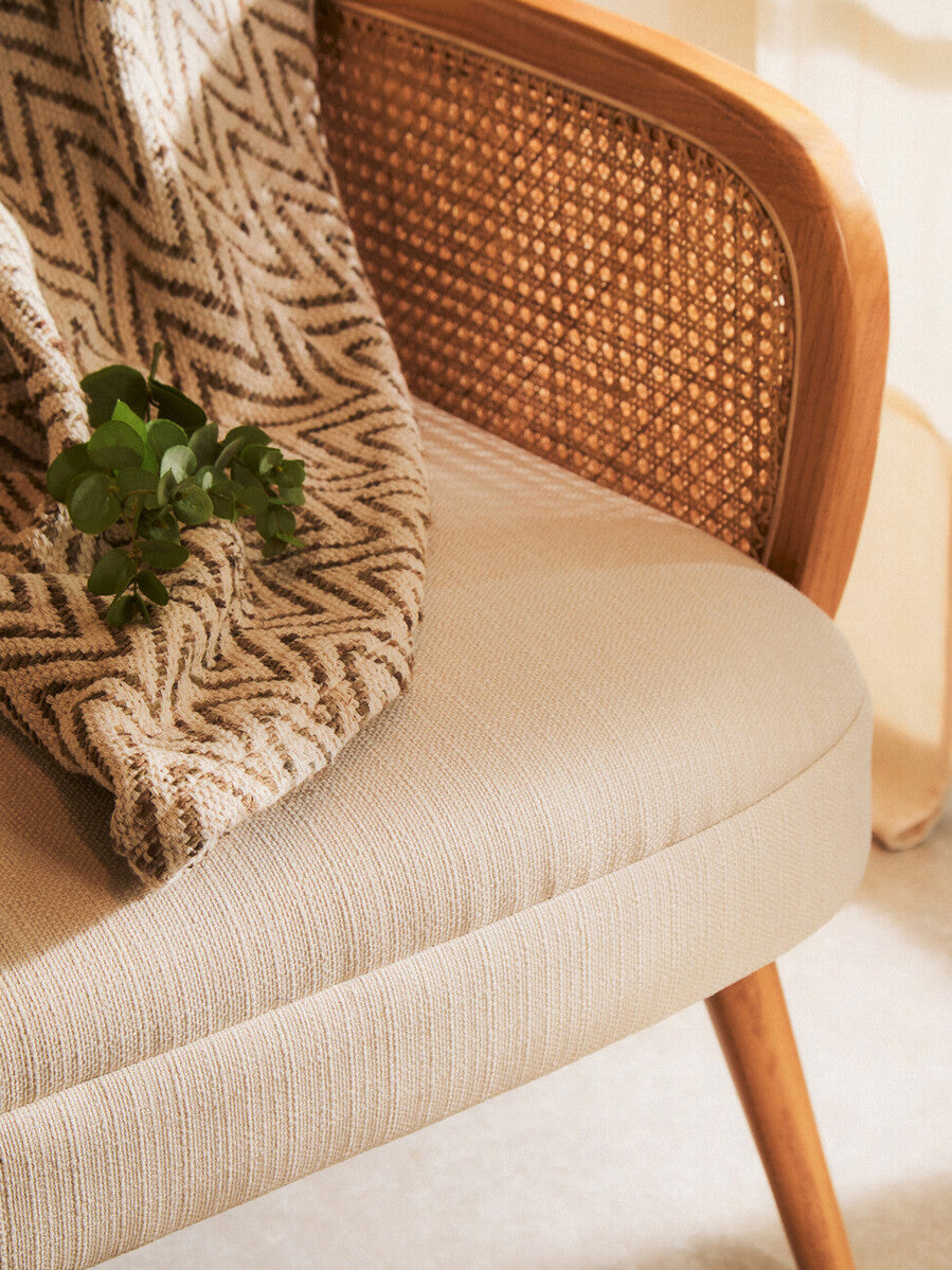 Orsina Cebu 2 Seater Ivory Fabric and Cane Sofa with Elm Wood Legs