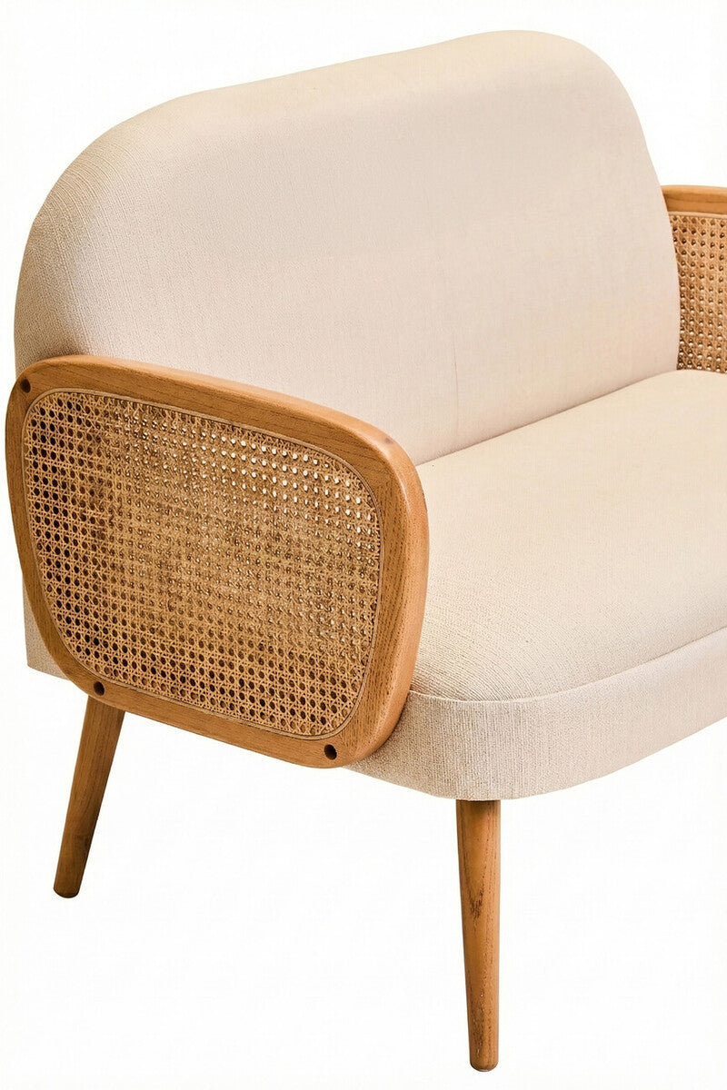 Orsina Cebu 2 Seater Ivory Fabric and Cane Sofa with Elm Wood Legs