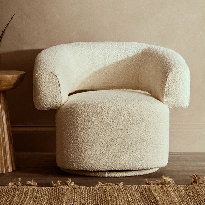 Orsina Oliveto Ivory Boucle Curved Swivel Armchair | Modern Accent Seat