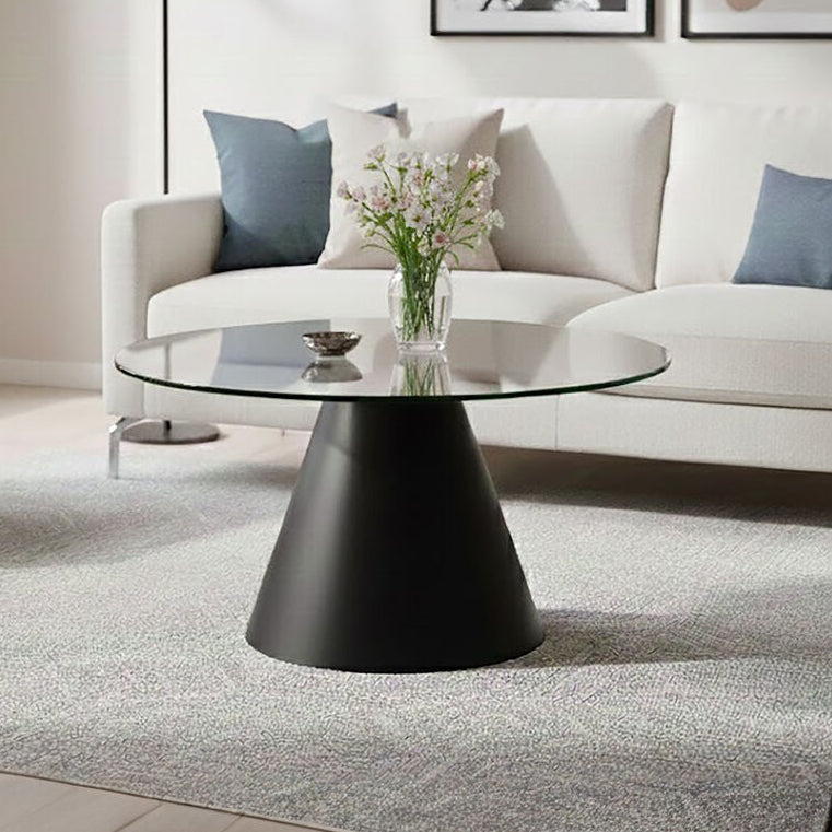 Orsina Azalea Round Glass Coffee Table – Black Conical Metal Base