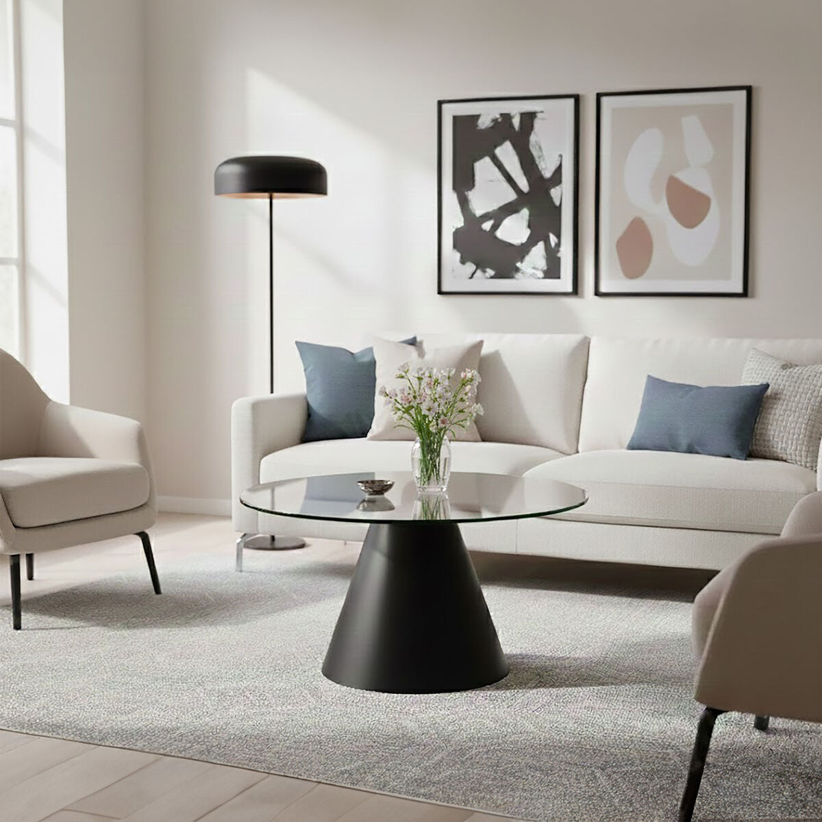 Orsina Azalea Round Glass Coffee Table – Black Conical Metal Base