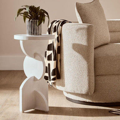 Orsina Mango Wood Abstract Side Table – White Sculpted Geometric Base