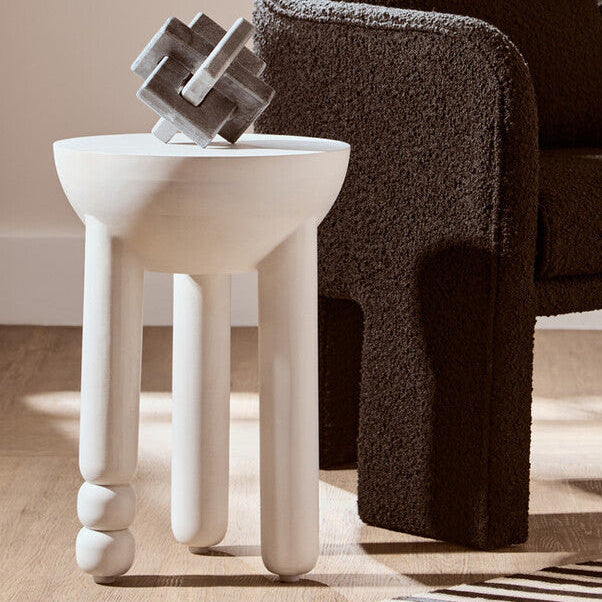 Orsina Whitewash Mango Wood Round Side Table – Sculptural Column Base