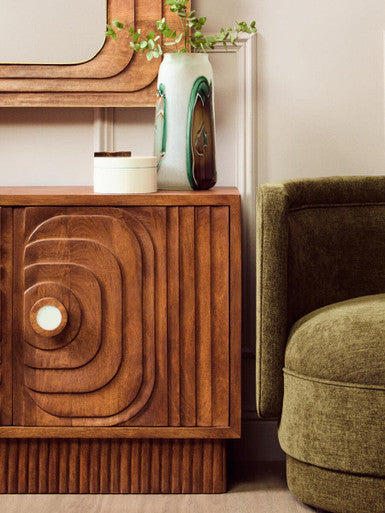 Orsina Sangar Hand-Carved Mango Wood Sideboard with Marble Handles