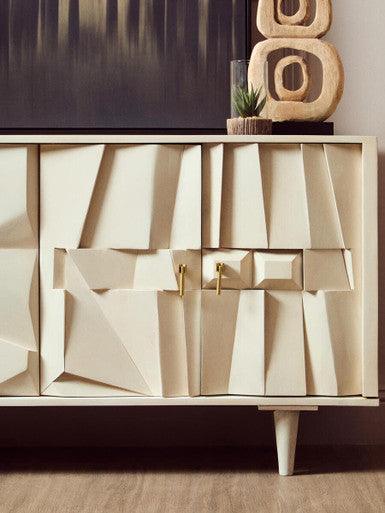 Orsina Sita Whitewash Mango Wood 4-Door Abstract Sideboard