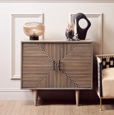 Orsina Satna Sideboard – Greywash Carved Mango Wood 2-Door Cabinet